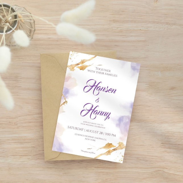 Elegant Gold & Purple Watercolor Wedding Invitatio Invitation (Creator Uploaded)