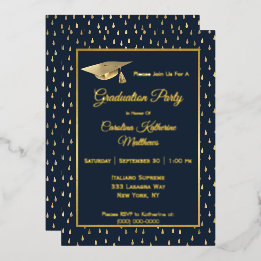 Elegant Gold Raindrops Navy Blue Graduation Party