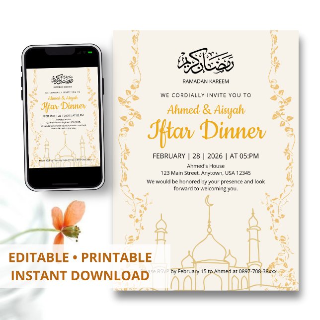 Elegant Gold Ramadan Kareem Iftar Dinner Invitation (Creator Uploaded)