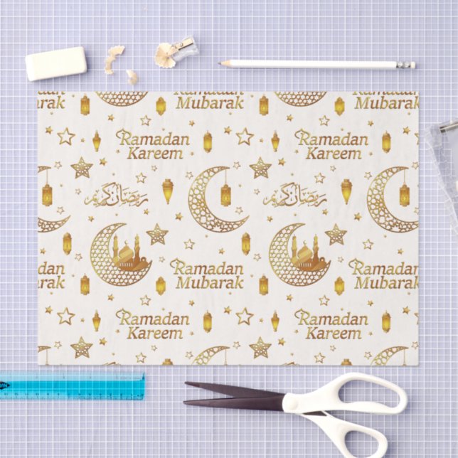 Elegant Gold Ramadan Mubarak Stars & Lantern Decor Tissue Paper (Craft)