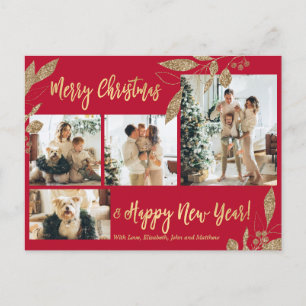 Elegant Gold Red Botanical Photo Collage Christmas Postcard