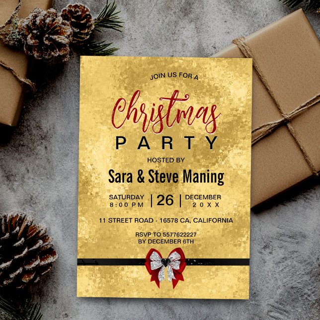Elegant gold red bow tie Christmas  Invitation (Creator Uploaded)