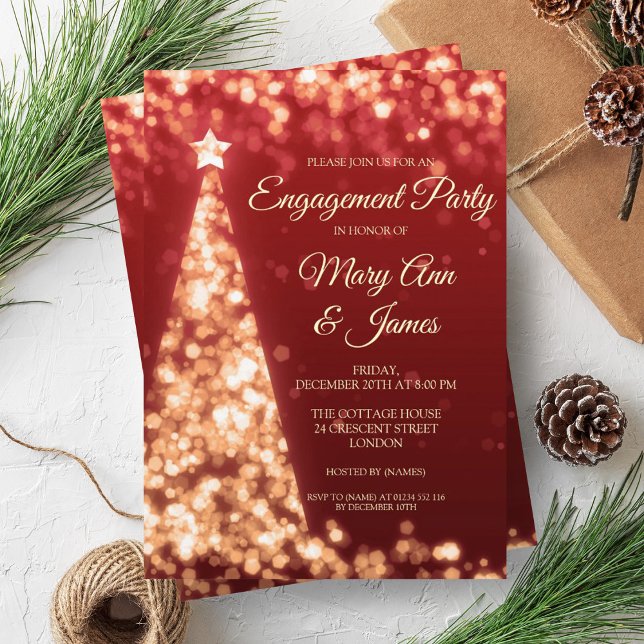 Elegant Gold & Red Christmas Engagement Party Invitation (Elegant Gold & Red Christmas Engagement Party Invitation)