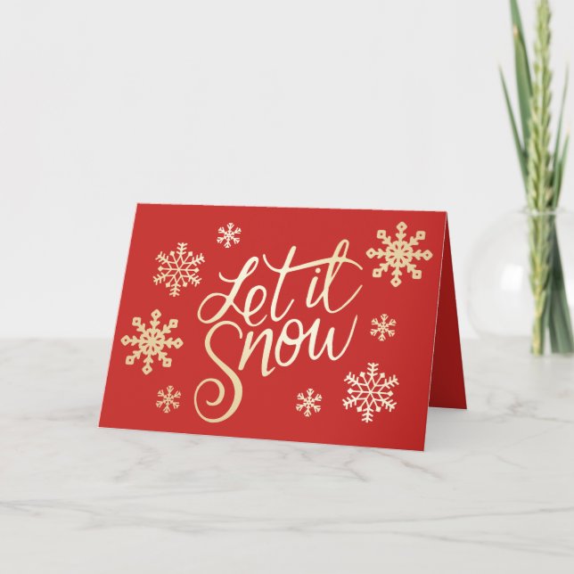 Elegant Gold Red Christmas Let It Snow Snowflakes Card (Front)