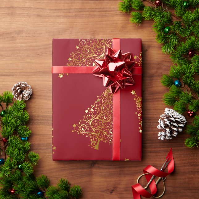 Elegant Gold & Red Christmas Tree Pattern Wrapping Paper (Holiday Gift)
