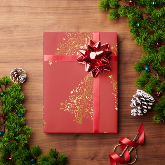 Elegant Gold & Red Christmas Tree Pattern Wrapping Paper (Holiday Gift)