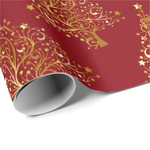 Elegant Gold & Red Christmas Tree Pattern Wrapping Paper
