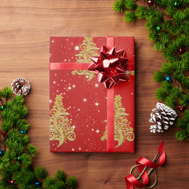 Elegant Gold & Red Christmas Tree Pattern Wrapping Paper (Holiday Gift)
