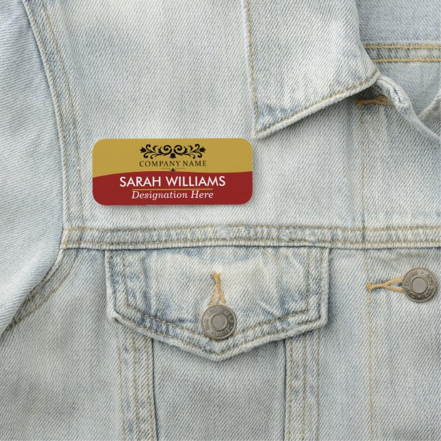 Elegant Gold Red Company Name Tag (In Situ)