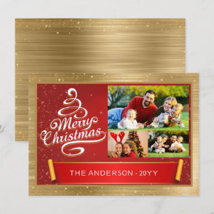 Elegant Gold & Red Custom Three Photo Family Holiday Card