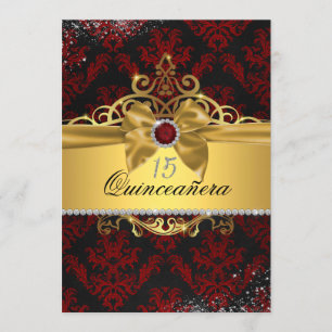 Elegant Gold Red Damask Quinceanera Invite