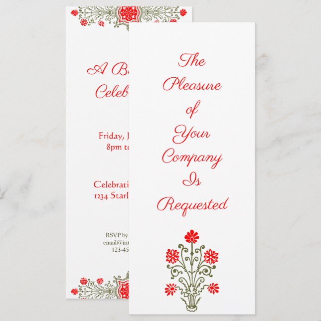 Elegant Gold & Red Floral Art Custom Invitations (Front/Back)