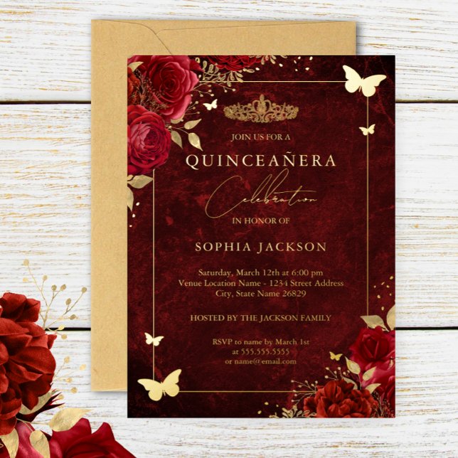 Elegant Gold Red Floral Butterfly Quinceanera (Creator Uploaded)