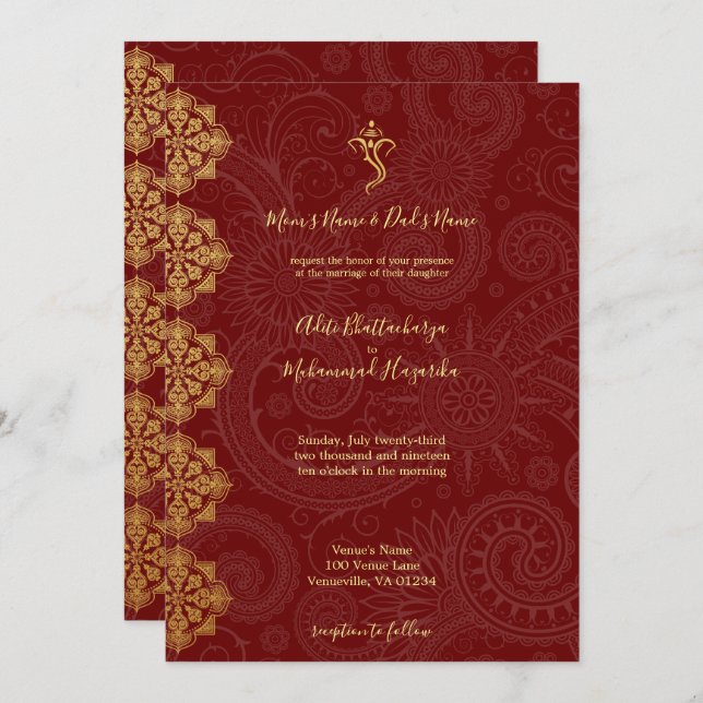 Elegant Gold & Red Ganesha Indian Wedding Invitation (Front/Back)