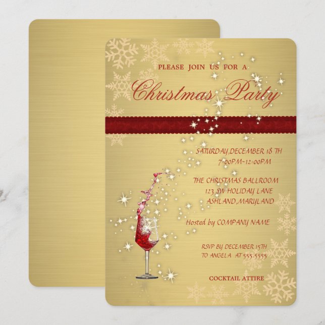 Elegant Gold Red Glass,Corporate  Christmas Party Invitation (Front/Back)