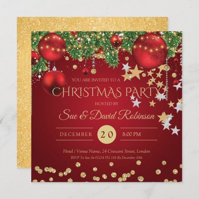 Elegant Gold Red Glitter Christmas Holiday Party Invitation (Front/Back)
