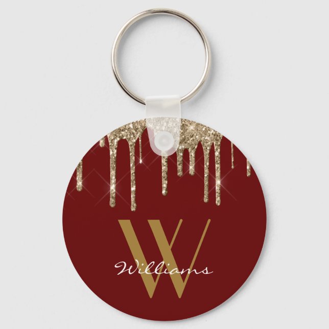 Elegant Gold Red Glitter Drips Monogram Name Key Ring (Front)