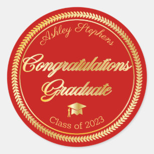 Elegant Gold   Red Grad Cap Class of 2023 Classic Round Sticker