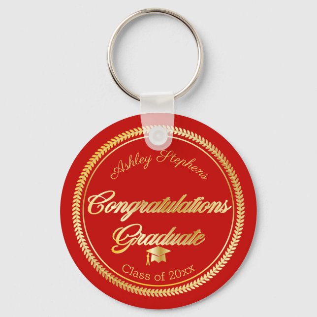 Elegant Gold | Red Grad Cap Class Year Key Ring (Front)