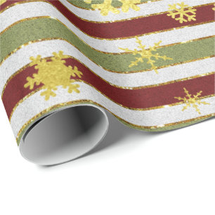 Elegant Gold Red Green Christmas Snowflake Pattern Wrapping Paper