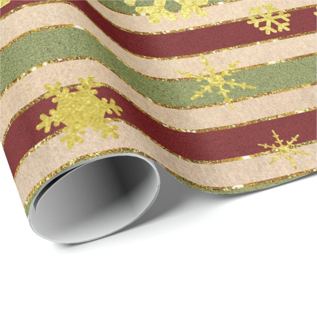 Elegant Gold Red Green Christmas Snowflake Pattern Wrapping Paper (Roll Corner)