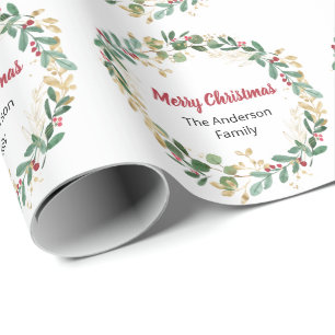Elegant gold red greenery Christmas wreath Wrapping Paper