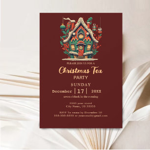 Elegant Gold & Red House Christmas Tea Party Invitation