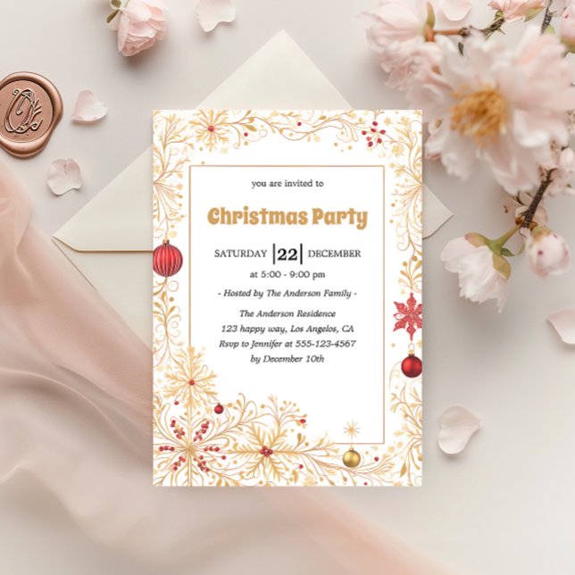 Elegant Gold & Red Ornaments Christmas Party       Invitation (Creator Uploaded)