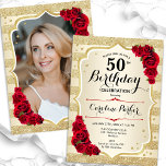 Elegant Gold Red Photo 50th Birthday Invitation<br><div class="desc">Elegant floral feminine 50th birthday invitation with your photo at the back of the card. Glam design with faux glitter gold. Features gold stripes, red roses, script font and confetti. Perfect for a stylish adult bday celebration party. Personalise with your own details. Can be customised for any age! Printed Zazzle...</div>