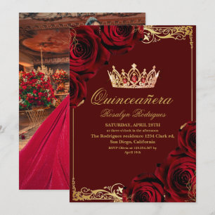 Elegant Gold Red Rose Photo Quinceanera Invitation