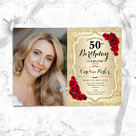 Elegant Gold Red Roses Photo 50th Birthday Invitation<br><div class="desc">Elegant floral feminine 50th birthday invitation with your photo. Glam design with faux glitter gold. Features stripes, red roses, script font and confetti. Perfect for a stylish adult bday celebration party. Personalise with your own details. Can be customised for any age! Printed Zazzle invitations or instant download digital printable template....</div>