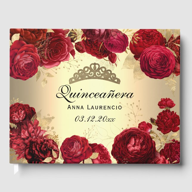 Elegant Gold Red Roses Quinceanera Custom Guest Book (Front)