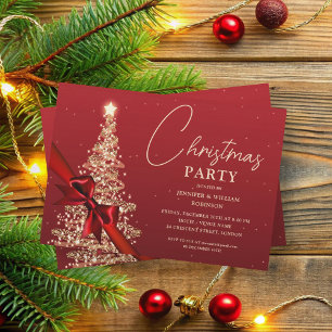 Elegant Gold Red Shimmering Xmas Tree Holiday Invitation