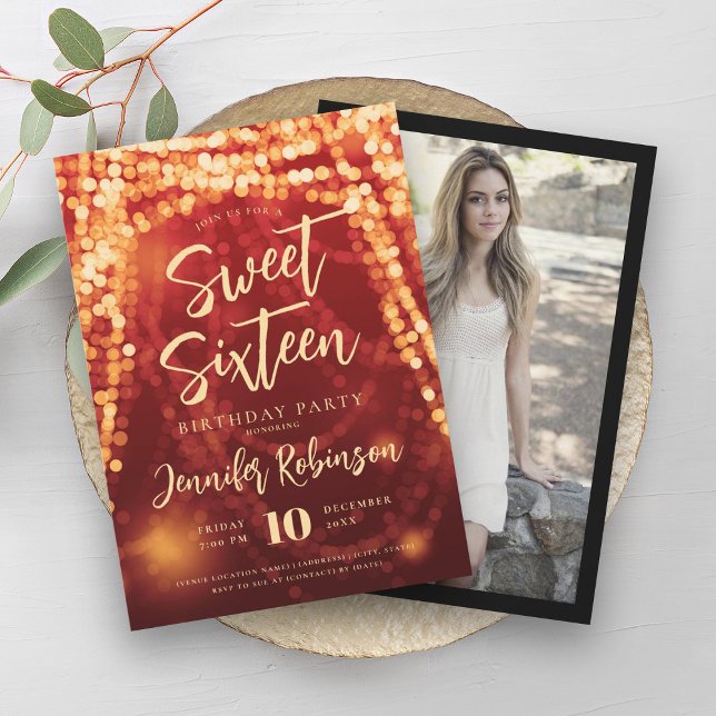 Elegant Gold & Red String Lights Photo Sweet 16   Invitation (Elegant Gold & Red String Lights Photo Sweet 16 Invitation)