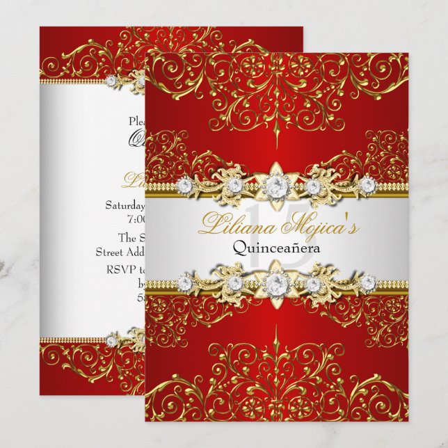Elegant Gold Red Vintage Glamour Quinceanera Invitation (Front/Back)