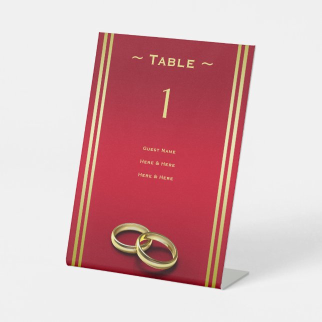 Elegant Gold & Red, Wedding Rings Table Number Pedestal Sign (Front)
