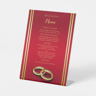 Elegant Gold & Red, Wedding Rings Wedding Menu Pedestal Sign