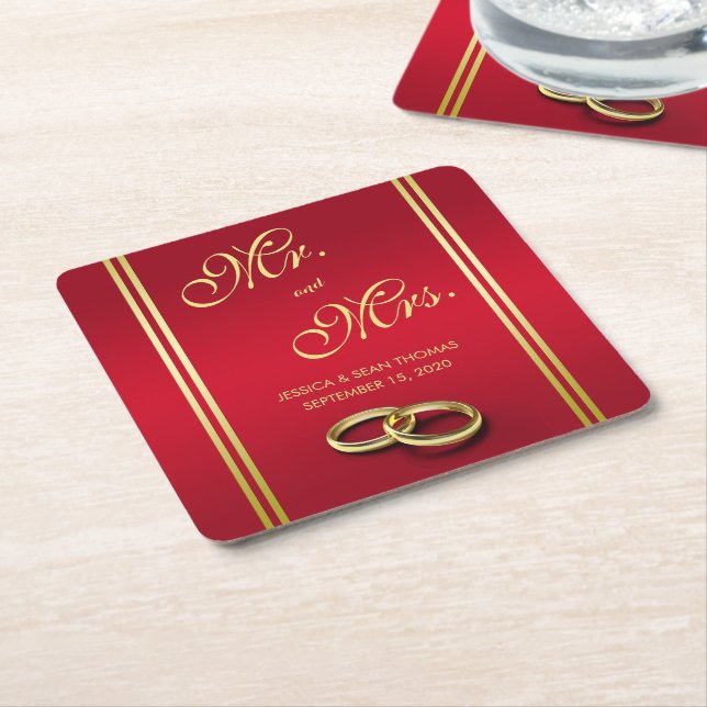 Elegant Gold & Red, Wedding Rings Wedding Square Paper Coaster (Angled)