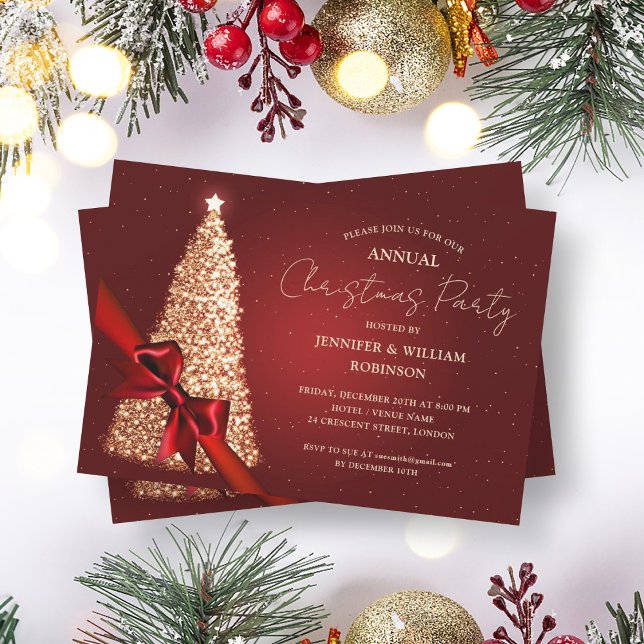 Elegant Gold Red Xmas Tree Ribbon Holiday Party Invitation (Elegant Gold Red Xmas Tree Ribbon Holiday Party Invitation)