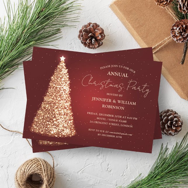 Elegant Gold Red Xmas Tree Sparkle Holiday Party Invitation (Elegant Gold Red Xmas Tree Sparkle Holiday Party Invitation)