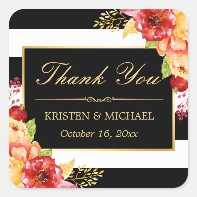 Elegant Gold Red Yellow Floral Autumn Thank You Square Sticker (Front)