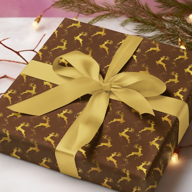 Elegant Gold Reindeer Brown Christmas Holiday Wrapping Paper (Creator Uploaded)
