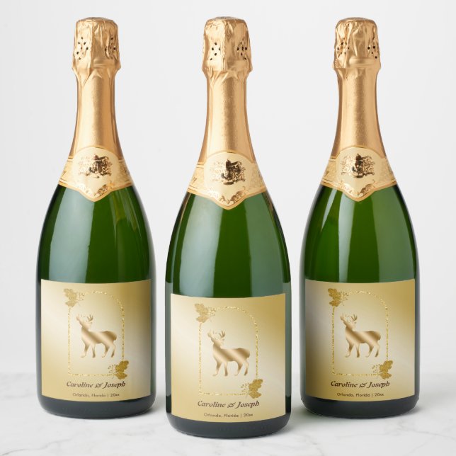 Elegant Gold Reindeer Glitter Wedding Sparkling Wine Label (Bottles)