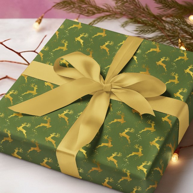 Elegant Gold Reindeer Green Christmas Holiday Wrapping Paper (Creator Uploaded)