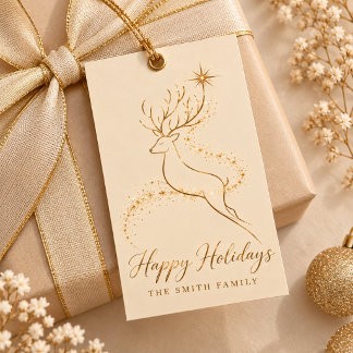 Elegant Gold Reindeer Happy Holidays Gift Tags