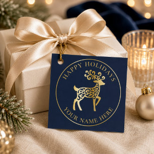 Elegant Gold Reindeer Navy Blue Holiday Gift Tag