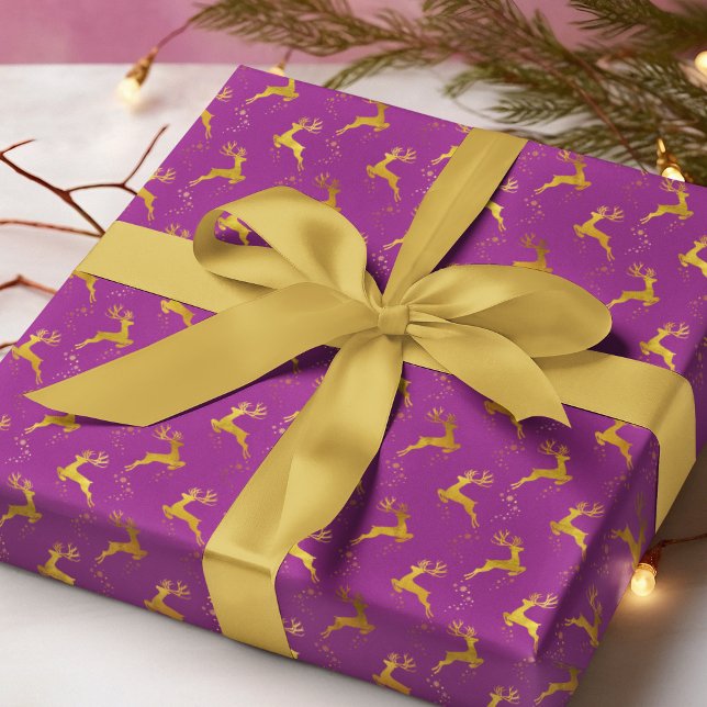 Elegant Gold Reindeer Purple Christmas Holiday Wrapping Paper (Creator Uploaded)