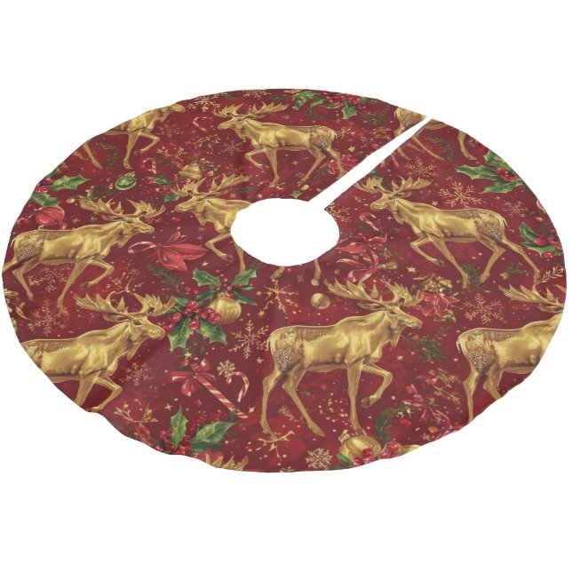 Elegant gold reindeer red merry christmas pattern brushed polyester tree skirt (Angled)