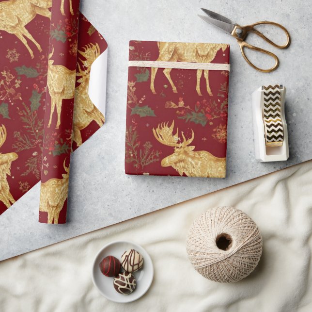 elegant gold reindeer red merry christmas pattern wrapping paper (Crafts)