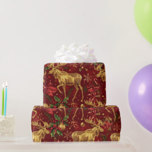 elegant gold reindeer red merry christmas pattern wrapping paper